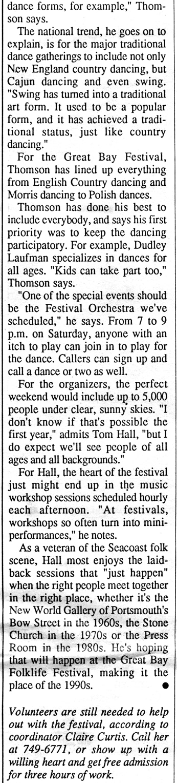 Great Bay Folk Festival article from the New Hampshire Seacoast Sunday, August 12, 1990, image 3 of 3.