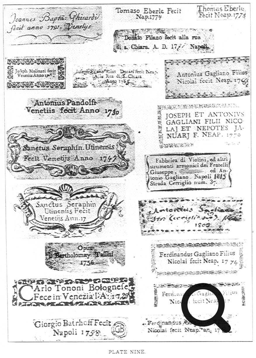 Sample page of violin labels from the book - Practical History of the Violin.