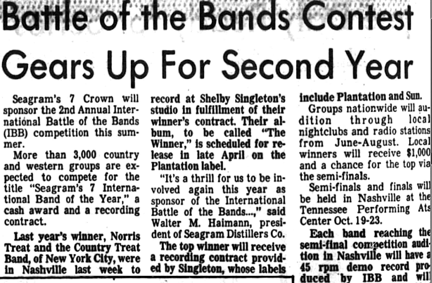 Newspaper article announcing the 1981 Seagram's 7 International Band of the Year competition. Baked Apple Band ends up winning 2nd place and hires Ryan Thomson as fiddler after gaining a contract from a Nashville agency.
