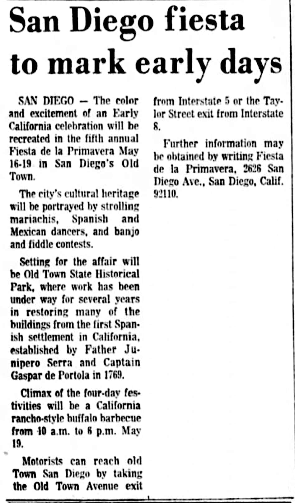 Newspaper article about Fiesta de la Primivera, in Old Town, San Diego, California, 1974. Chicken Cheek Tweakers band performed.