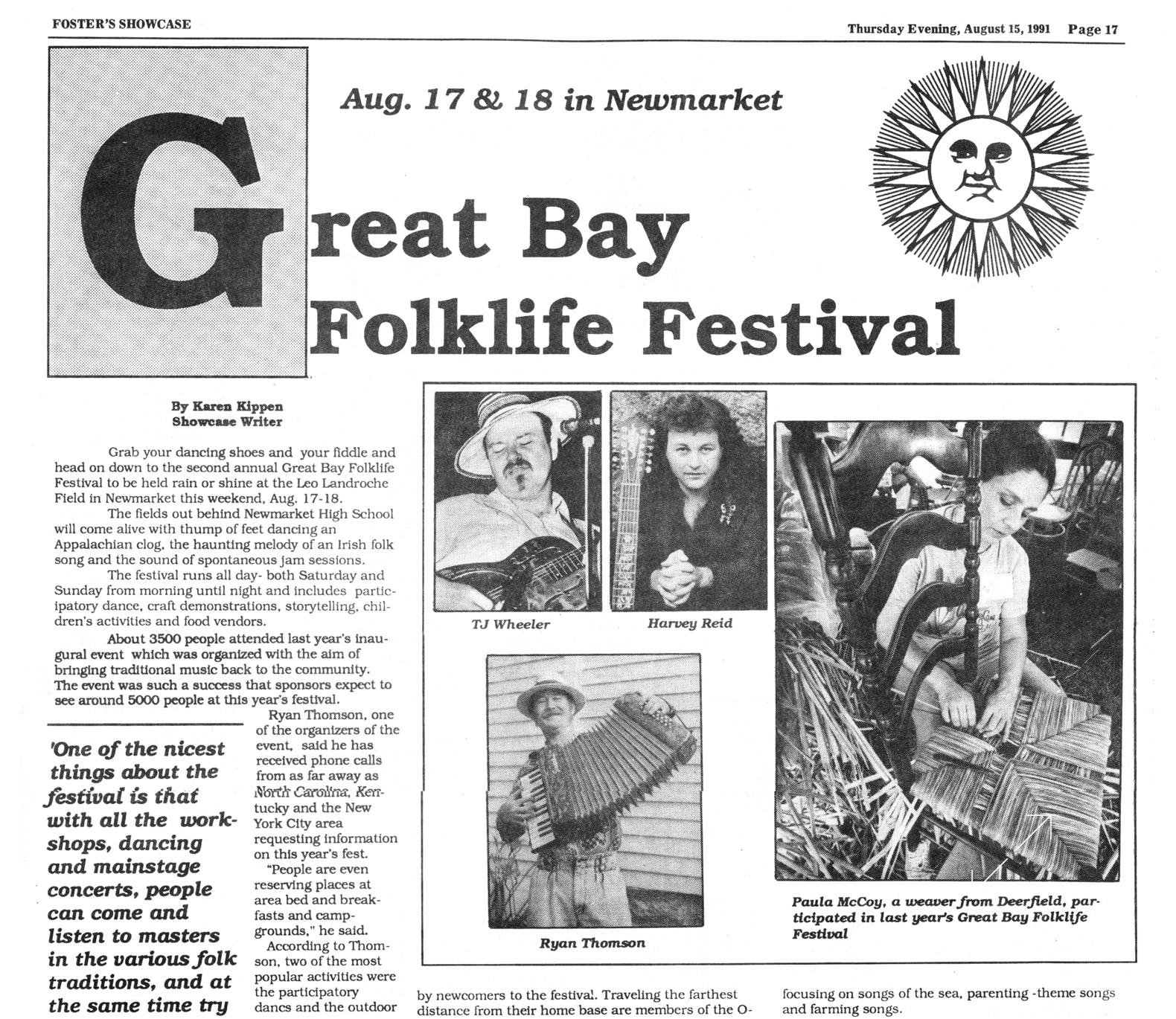 Foster's Showcase article for the Great Bay Folk festival, August 17 and 18, 1991, image 1 of 2.