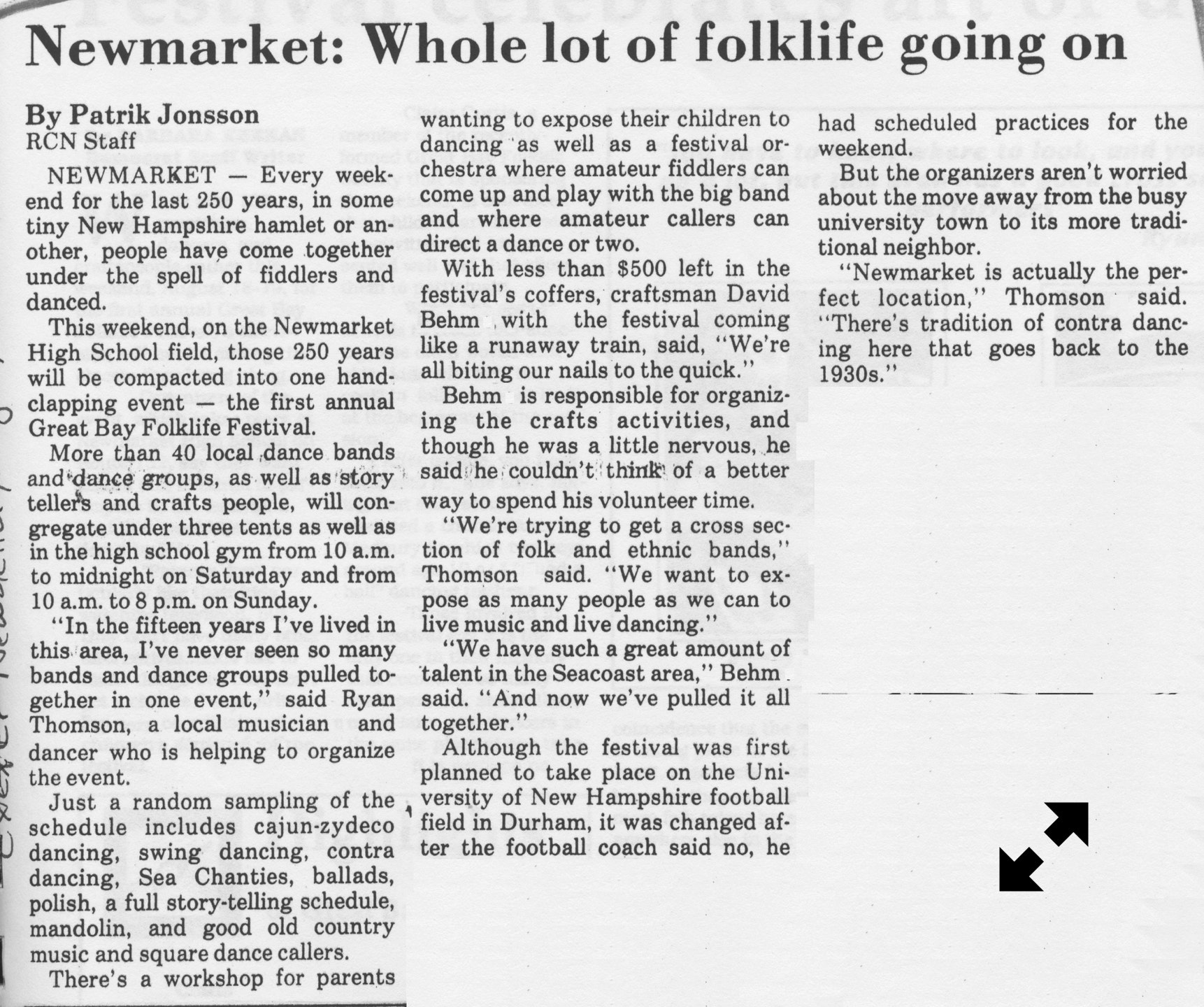 Great Bay Folk Festival article from the Rochester Courier, August, 1990