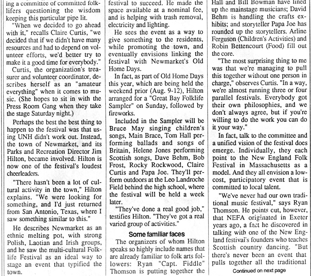 Great Bay Folk Festival article from the New Hampshire Seacoast Sunday, August 12, 1990, image 2 of 3.