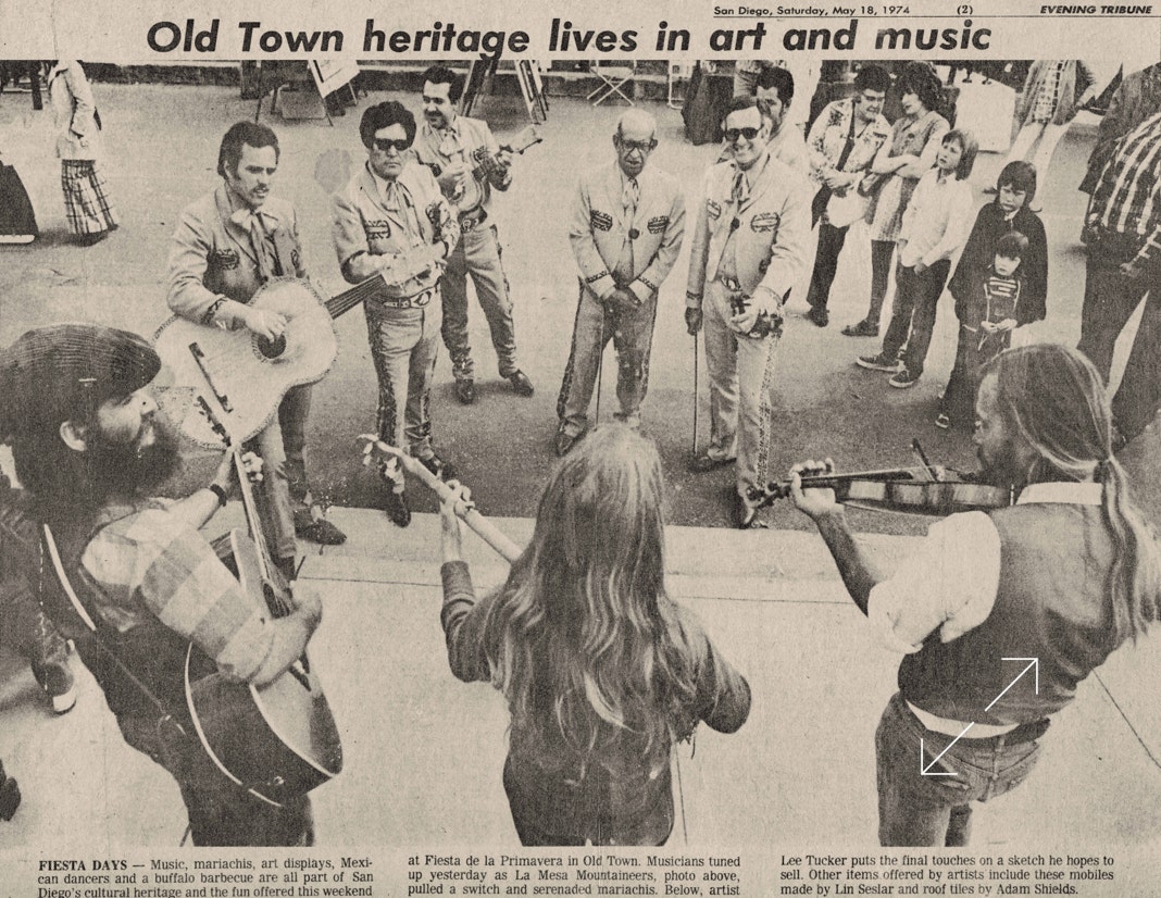 Chicken Cheek Tweakers old time string band, with Ryan Thomson, Pam Ostergren, and Dave Brown, perform on stage at Old Town State Park in San Diego mid May, in 1974.