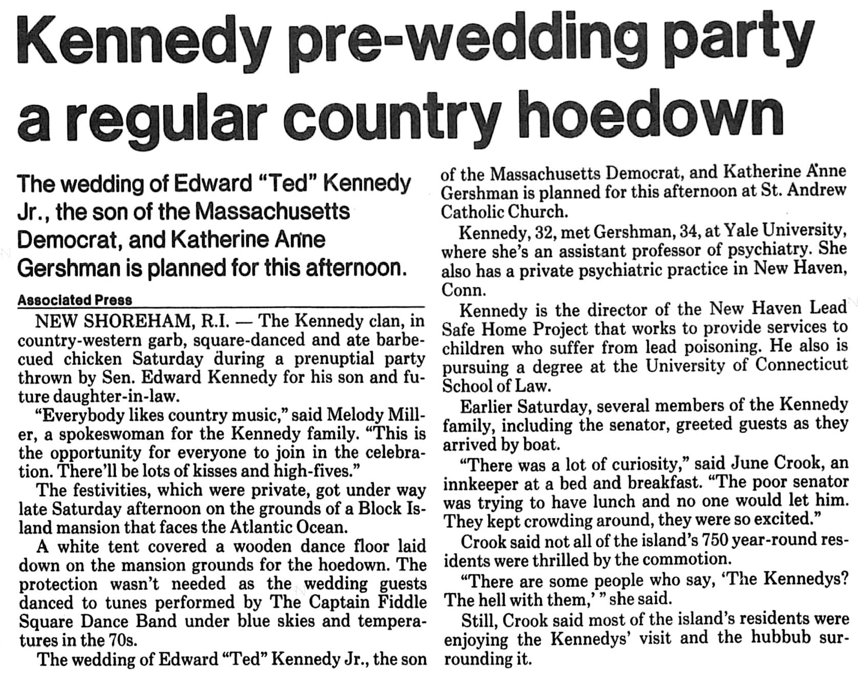 Newspaper article describing the square dance put on for the Kennedy family by the Captain Fiddle Band