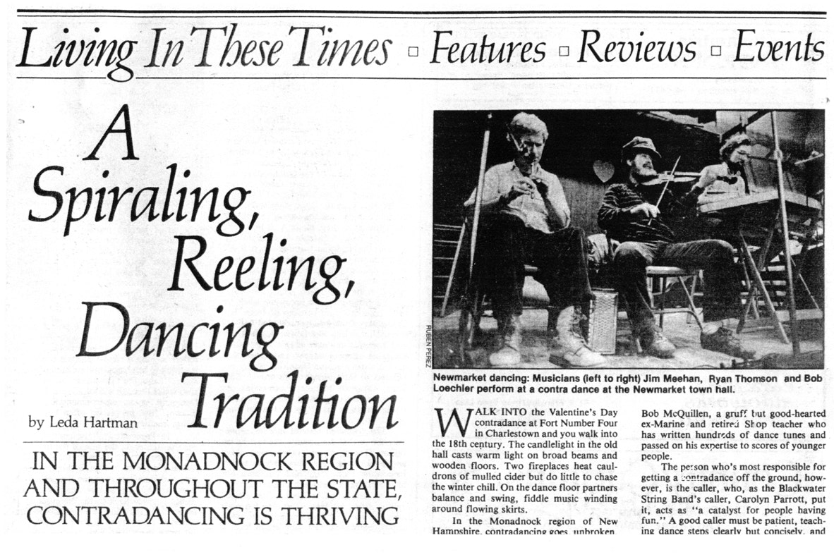 Newspaper article about contra dancing, picture at Newmarket Town Hall, New Hampshire