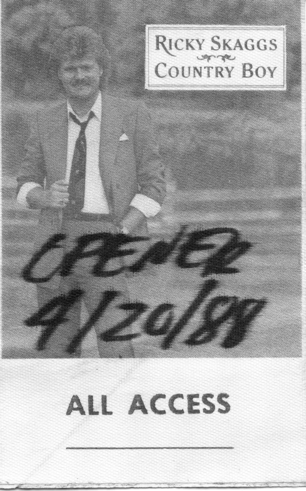 Ryan Thomson's back stage pass as fiddler for the Country Tradition band opening for Ricky Skaggs at the Augusta Civic Center in Maine, April 20 , 1988.