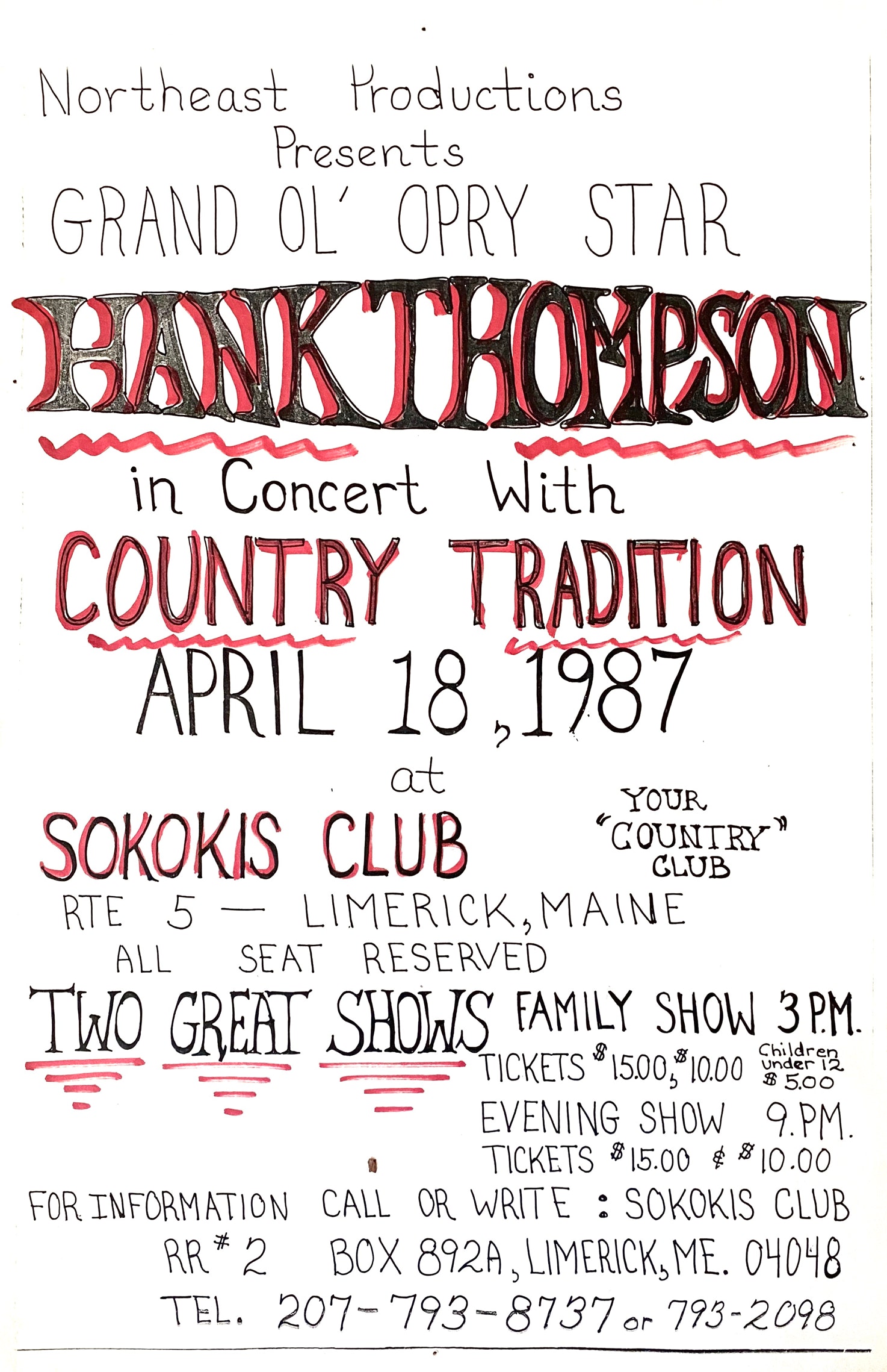 Poster for Hank Thompson's concert at the Sokokis Club in Limerick, Maine, on April 18, 1987, Ryan Thomson fiddling as part of the Country Tradition band.