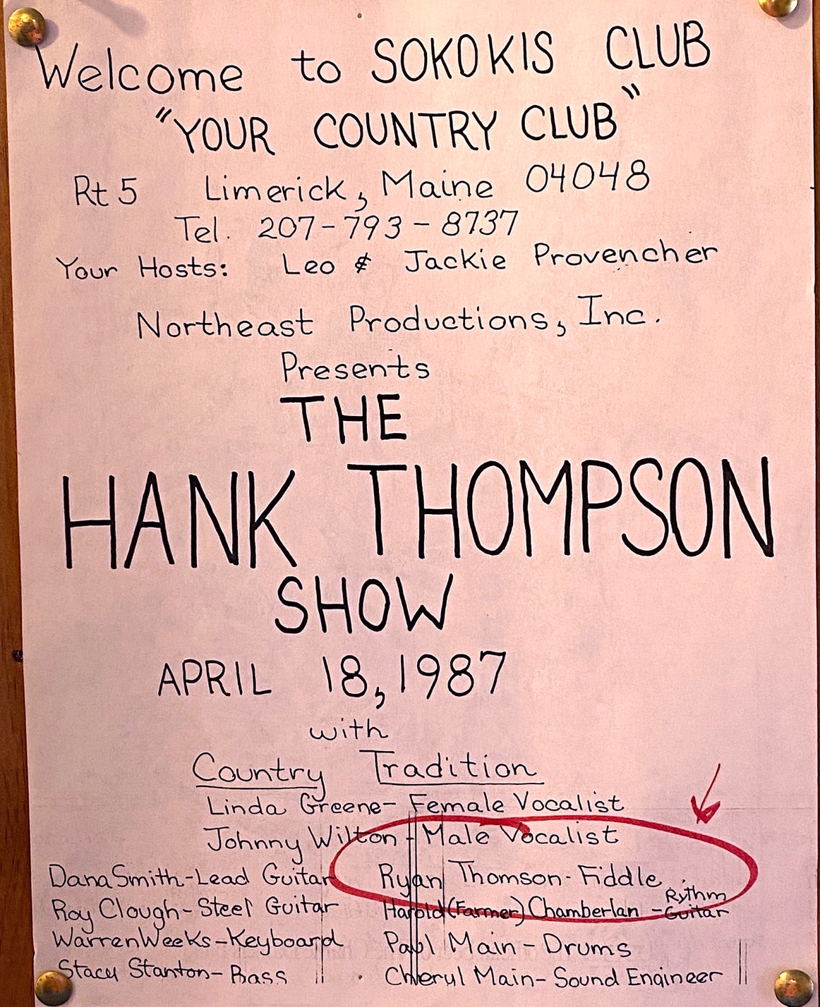 A posted flyer for Hank Thompson's performance at the Sokokis Club in Limerick, Maine, on April 18, 1987.